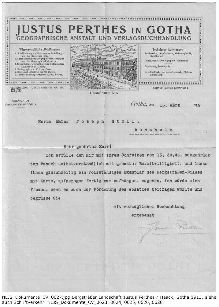 NLJS_Dokumente_CV_0627.jpg Brief vom 15.03.1915 aus Briefwechsel zwischen Joseph Stoll und Verlagshaus Justus Perthes betreffend "Die Bergstraße" - Wandkarte von Joseph Stoll und Hoffmann, erschienen im Verlagshaus Justus Perthes 1914, Quelle: Nachlass Joseph Stoll, Stoll-Berberich 2016