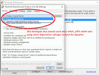 Setting audio dua soundcard. Jika ada dua sound card yang terpasang, pilih salah satu yang digunakan untuk output speaker.