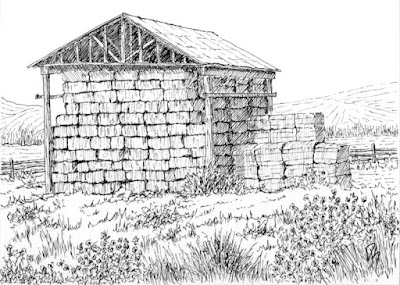 pen ink drawing hay shed rural rustic