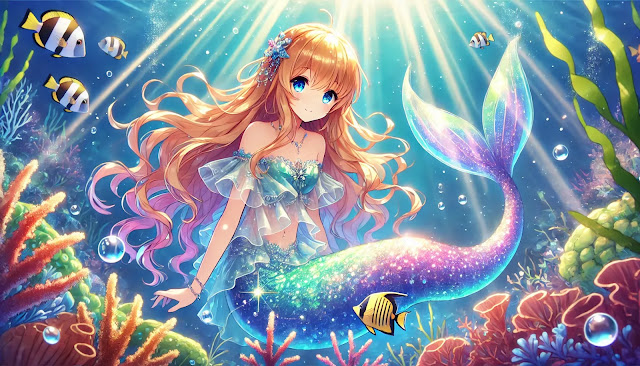 金髪の少女がマーメイドの姿で海中を泳ぐアニメ風イラスト。彼女の長い金髪が水中で揺れ、ターコイズとラベンダーの輝く尾が幻想的な雰囲気を演出。周囲にはカラフルなサンゴ礁や小さな魚が泳ぎ、太陽の光が水面から差し込んでいる。