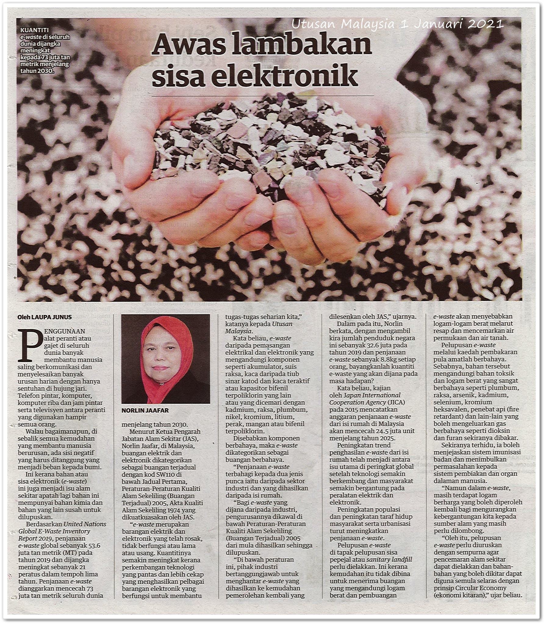 Awas lambakan sisa elektronik - Keratan akhbar Utusan Malaysia 1 Januari 2021