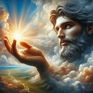 Vemos un rostro saliendo de las nubes que emula a Dios en el proceso creativo y la mano de Dios con un punto de luz, que emula parte de ese proceso.