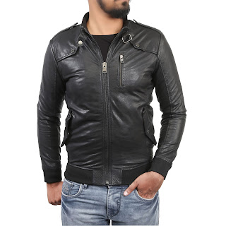 BARESKIN MEN'S RIB DESIGN SLIM FIT BLACK LEATHER JACKET