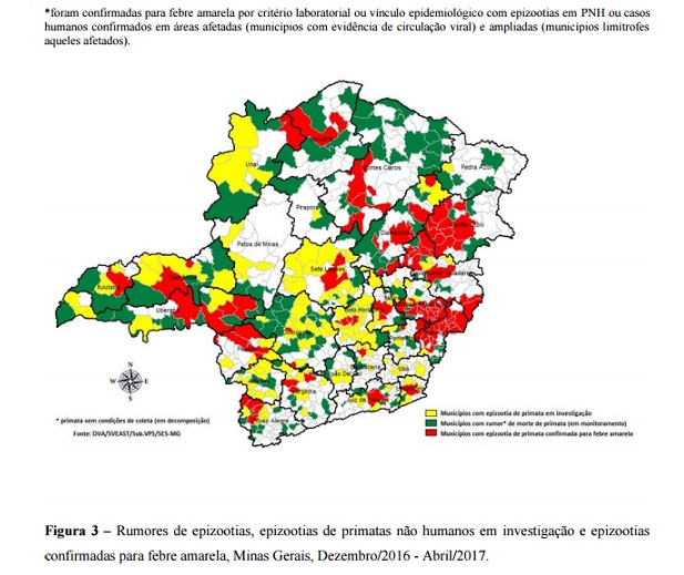 PNH : Epizootias confirmadas, em investigação e rumores para febre amarela em Minas Gerais