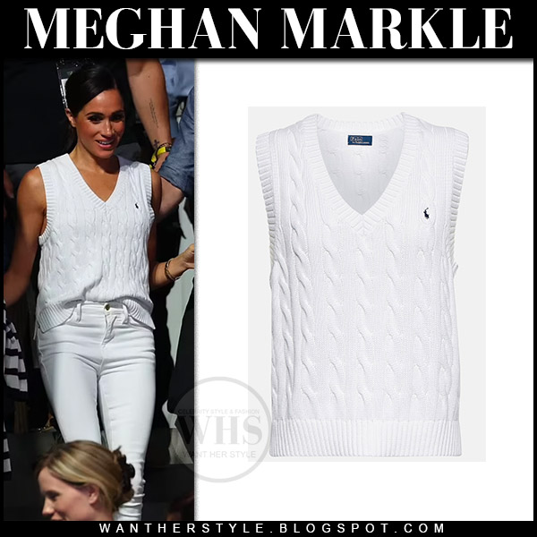 Meghan Markle in white knit vest and white jeans