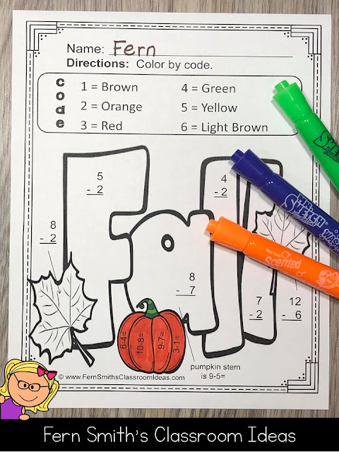 ** BEST SELLER ** You will love the ease of these Ten Adorable Fall Themed Color by Number Addition and Subtraction for Fall and Autumn Resource. Your students will adore these TEN Fall Color By Number Worksheets while learning and reviewing important skills at the same time! You will love the no prep, print and go ease of these printables. As always, answer keys are included. 10 adorable Fall Themed Color by Code Addition and Subtraction for Fall and Autumn. #FernSmithsClassroomIdeas