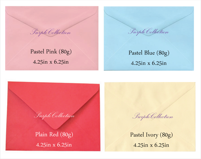 Envelope choices, pastel pink envelope, pastel blue envelope, plain red envelope, pastel ivory envelope