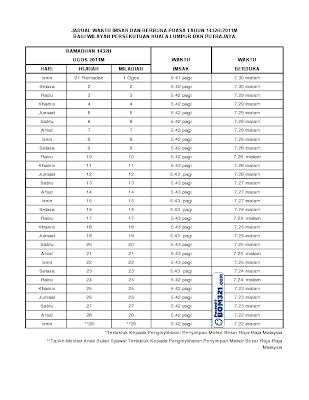 Jadual Waktu Imsak & Berbuka Puasa Tahun 1432H/2011M Bagi Wilayah Persekutuan Kuala Lumpur Dan Putra Jaya