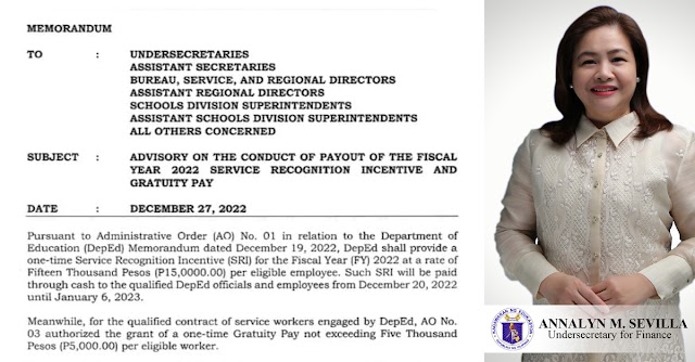 DECEMBER 27, 2022 | ADVISORY ON THE CONDUCT OF PAYOUT OF THE FISCAL YEAR 2022 SERVICE RECOGNITION INCENTIVE AND GRATUITY PAY