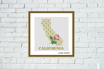 California USA state map rose ornament cross stitch pattern