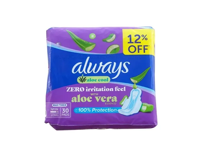 Always Valoe Cool Zero Irritation Feel With Aloe Vera Essence Maxi Thick Light Day Long, Private Always, 30 Pads