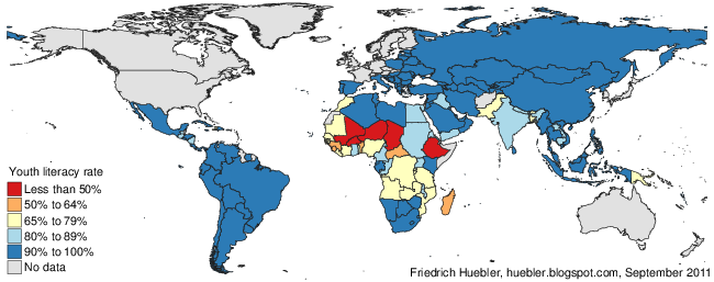 World map with youth literacy rates in 2009