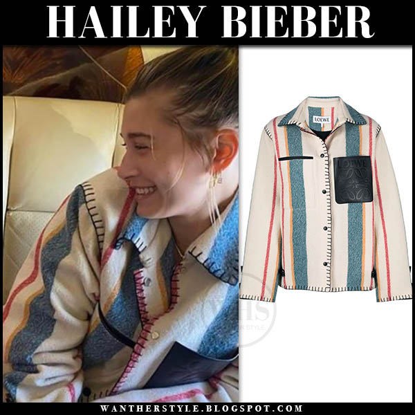 Hailey Baldwin in striped shirt jacket