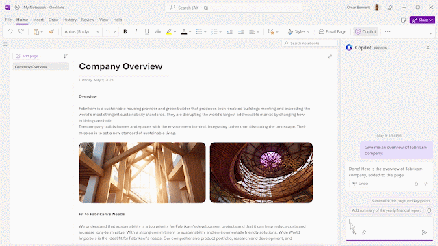 An animated gif demonstrating the use of Microsoft 365 Copilot in OneNote. The gif shows a user interacting with their digital notebook, where Copilot assists in drafting plans, generating ideas, creating lists, and organizing information in engaging formats, thereby enhancing the overall organization and utility of the user's OneNote