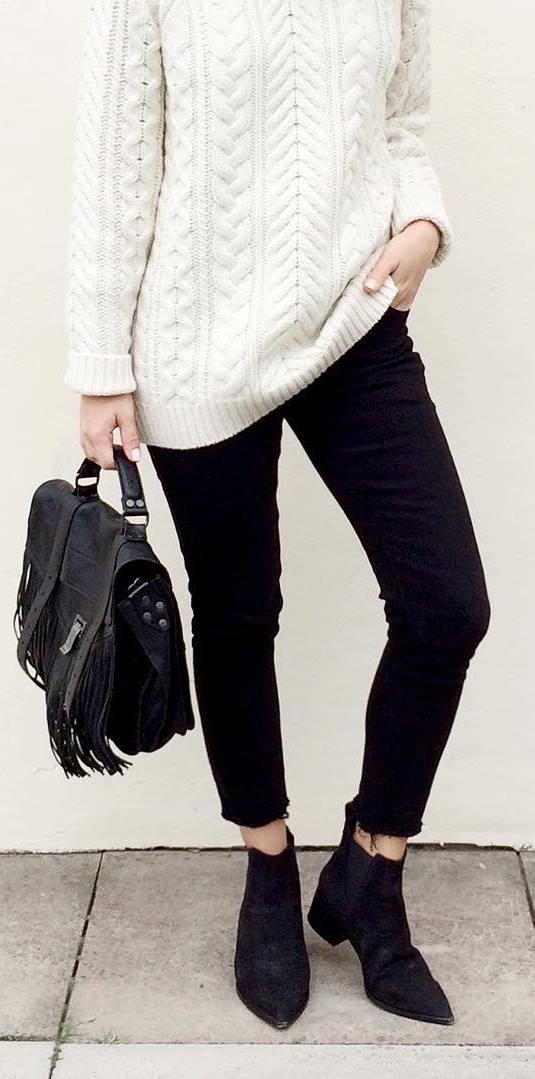 fall outfit: white knit + black jeans + bag + boots