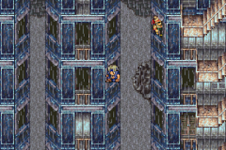 Locke leaps between buildings in Zozo, a town / dungeon in Final Fantasy VI.