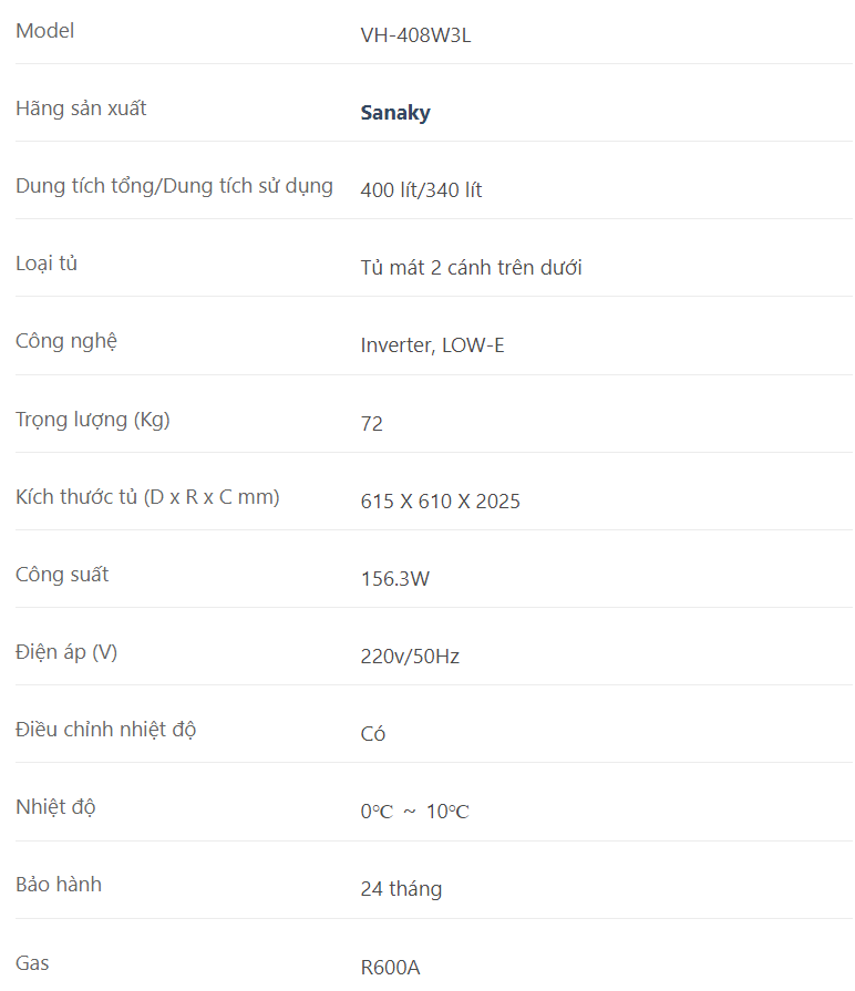 Tủ mát Inverter Sanaky VH-408W3L 400 lít