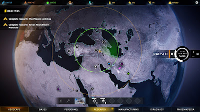Geoscape Image showing a Phoenix Point Manticore with two operatives going to investigate an unidentified location. On the map one can see havens with blue indicating "New Jericho" with a parked aircraft, purple "Disciples of Anu" with one of its havens having a parked aircraft and green "Synderion. The Text in the left corner says "Objectives" "Complete Research: The Phoenix Archive" "Complete Research:Haven Recruitment Protocols"