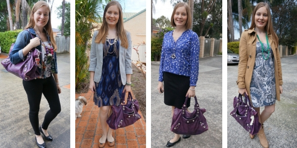 4 ways to wear a purple Balenciaga work bag with printed outfits | away from the blue