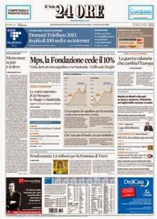 Il Sole 24 Ore del 29 Gennaio 2013 | ISSN 0391-786X | PDF HQ | Quotidiano | Economia | Finanza | Politica
Il Sole 24 Ore è il quotidiano economico più venduto tra quelli pubblicati in Italia e il terzo giornale d'informazione più venduto nel paese dopo il Corriere della Sera e La Repubblica.
La testata nacque il 9 novembre 1965 dalla fusione di due quotidiani: Il Sole, fondato nel 1865, e 24 Ore, nato nel 1946.