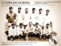 REAL MADRID C. F. Temporada 1959-60. Domínguez, Marquitos, Santamaría, Pachín, Vidal, Zárraga. Canario, Del Sol, Di Stéfano, Puskas y Gento. Los jugadores fel Real Madrid posando con la 5ª Copa de Europa en el Santiago Bernabeu, en los días posteriores al partido. REAL MADRID C. F. 7 EINTRACHT FRANKFURT 3 Miércoles 18/05/1960, 20:30 horas. V Copa de Europa, Final. Glasgow, Escocia, Reino Unido: 127.621 espectadores. GOLES: 0-1:10’, Kress. 1-1: 27’, Di Stéfano. 2-1: 30’, Di Stéfano. 3-1: 44’, Puskas. 4-1: 56’, Puskas, de penalti. 5-1: 60’, Puskas. 5-2: 64’, Stein. 6-2: 71’, Puskas. 6-3: 72’, Stein. 7-3: 75’, Di Stéfano. Tras un inolvidable partido, el REAL MADRID gana su 5ª Copa de Europa consecutiva