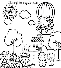 Good friends cat sweet pig pretty bunny rabbit hot air balloon Hello Kitty coloring pages for girls