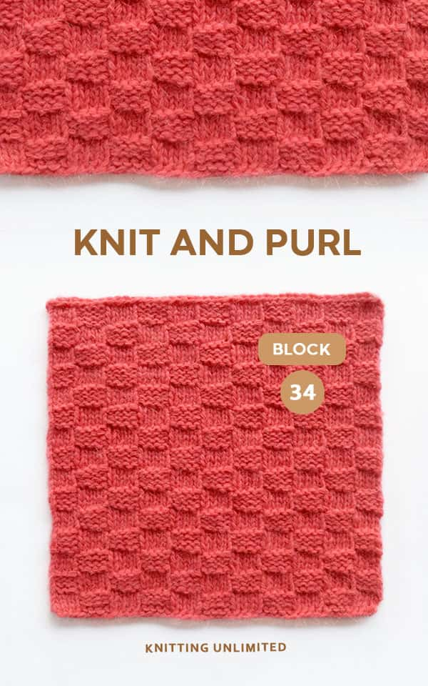 Knitted Block pattern no 34: Basket weave knit 4, purl 4. The stitch is a popular knitting pattern that creates a beautiful and textured