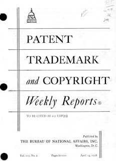 Cover page of BNA Patent, Trademark, and Copyright Weekly Reports from 1958, with visible looseleaf holes on left side of scan