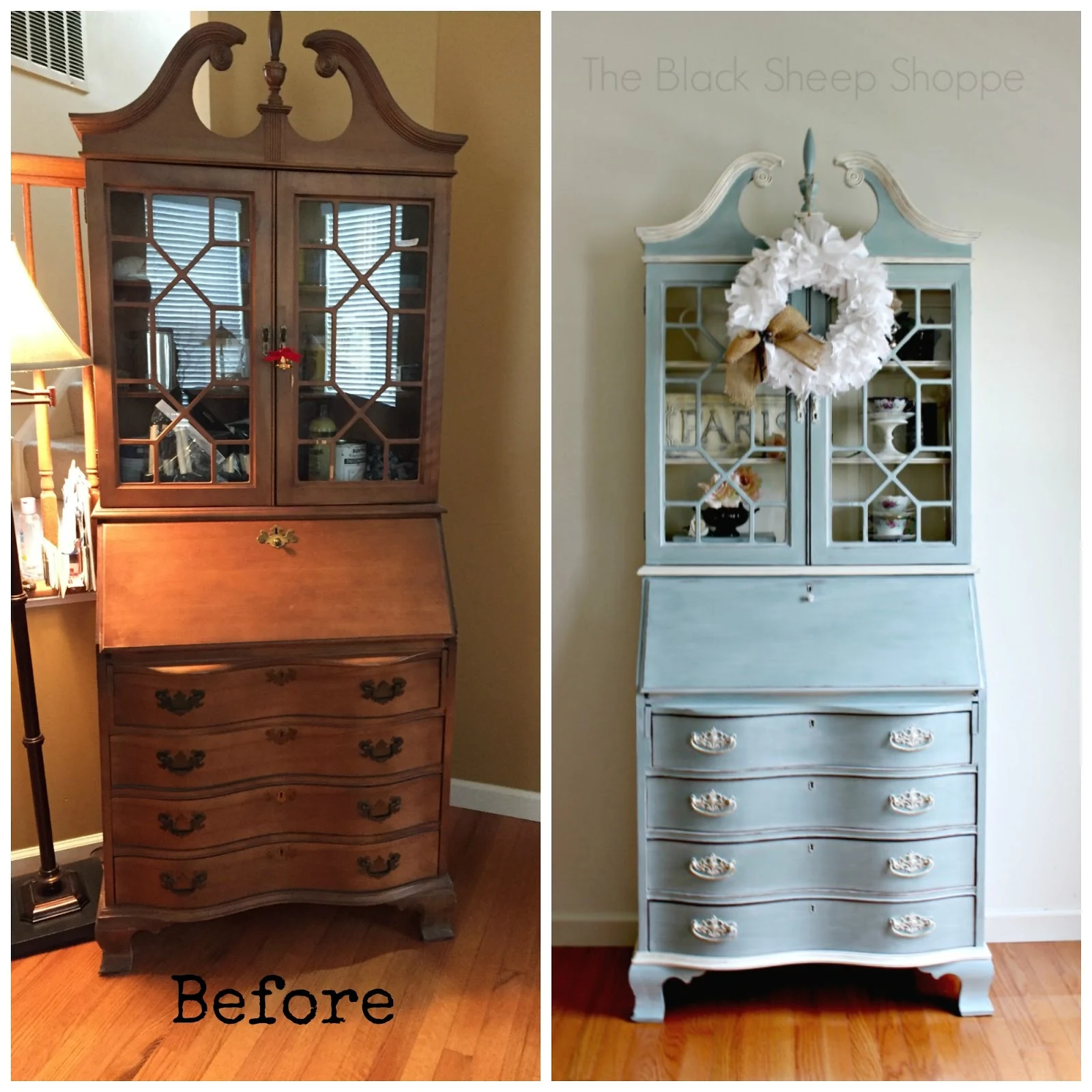 Before and after painted secretary desk.