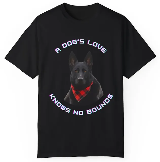 Garment Dyed T-Shirt for Men and Women with Solid Black German Shepherd Wearing a Romal and Quote A Dog’s Love Knows No Bounds