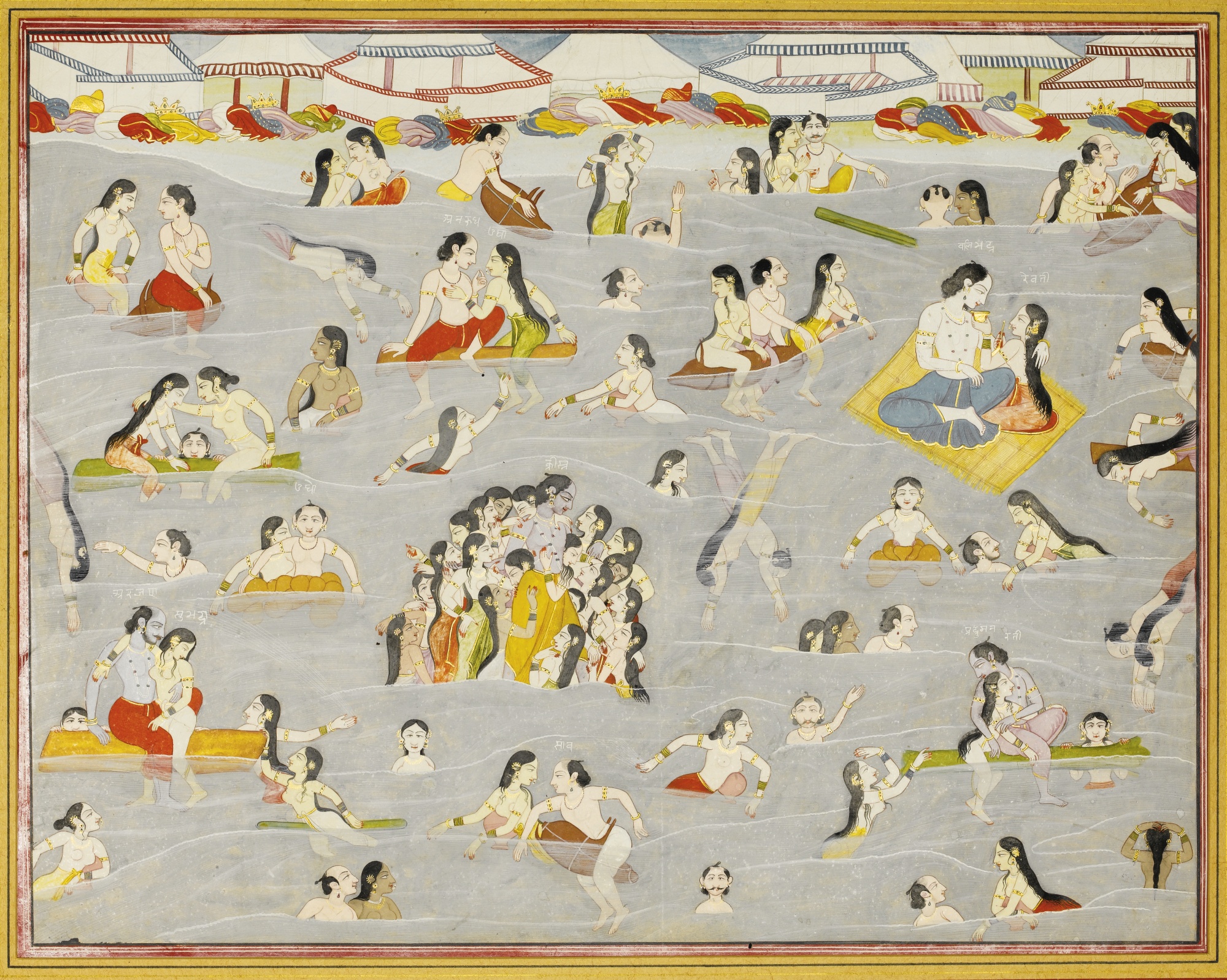 Krishna and the Gopis Bathing in the River Yamuna, Illustration from a Harivamsa series, attributable to Purkhu - Kangra Painting, circa 1800-15
