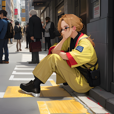 a worker is sitting and thinking on the street