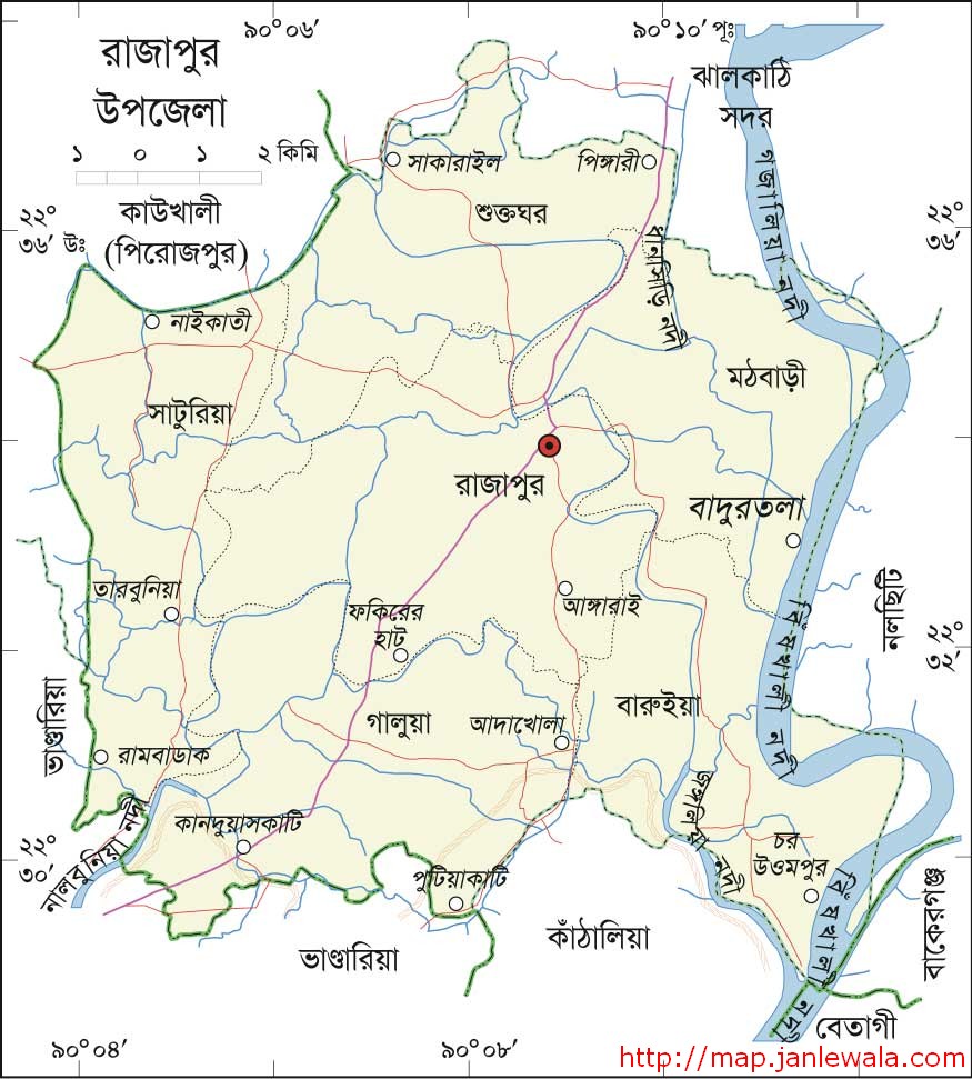 রাজাপুর উপজেলা মানচিত্র, ঝালকাঠি জেলা, বাংলাদেশ