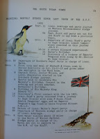 Events of the Month Page from South Polar Times, with illustrations of a penguin and the British flag.