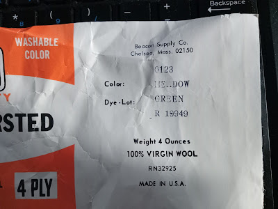 Beacon Supply Co. Chelsea, Mass. 02150. Color: 0123 MEADOW GREEN. Dye-Lot: R 19949. Weight 4 Ounces. 100% VIRGIN WOOL. RN32925. MADE IN U. S. A.