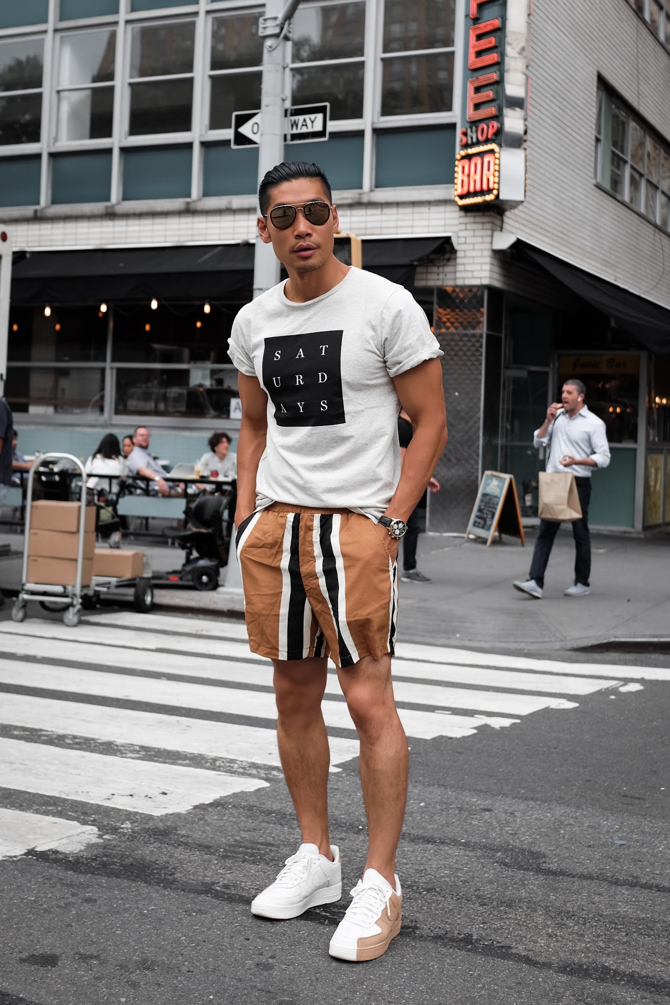 Wearing Saturday's Logo T-Shirt, Bold Stripe ASOS Shorts, Nike Air Force 1 Split | Asian Male Model and Blogger