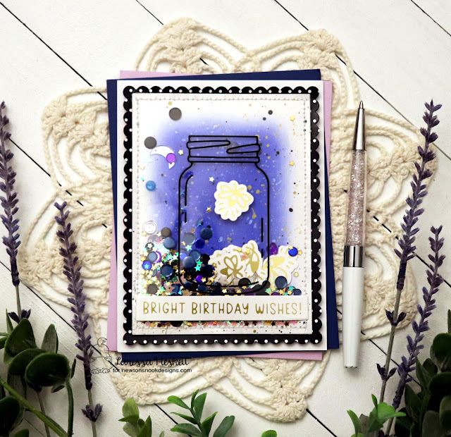 Fireflies & Jar Shaker Card by Larissa Heskett | Fireflies Hot Foil Plates, Jar Hot Foil Plates, Bright Sentiments Hot Foil Plates, Banner Duo Die Set and Frames & Flags Die Set by Newton's Nook Designs