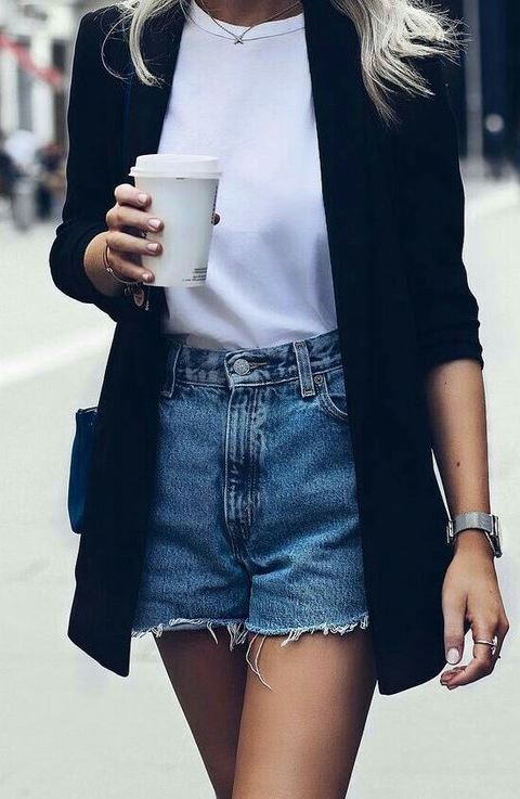 stylish look_black long blazer + tee + denim shorts