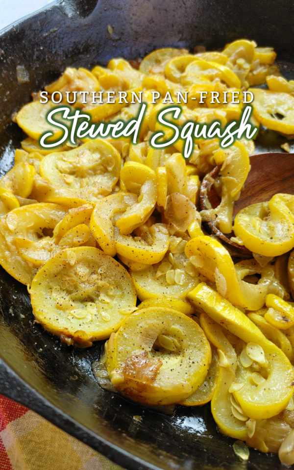 Stewed Squash! A simple recipe for country-style fresh yellow squash stewed then pan-fried in a large skillet with onion and lots of black pepper.