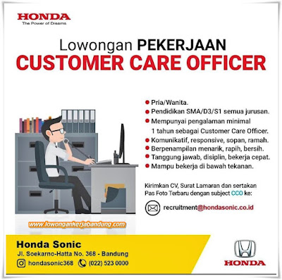 Loker Bandung Customer Care Honda Sonic Bandung