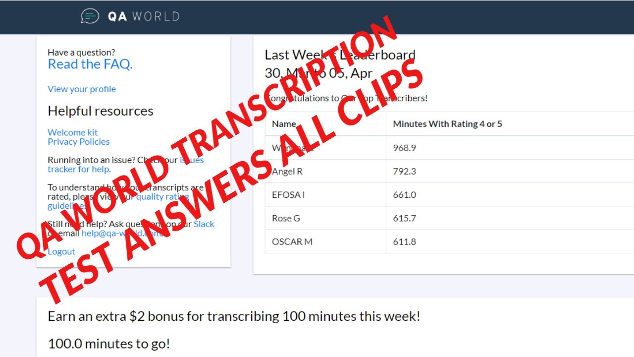 QA World Transcription Test Answer 2021-