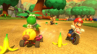 Yoshi, Mario, and DK racing on Riverside Park
