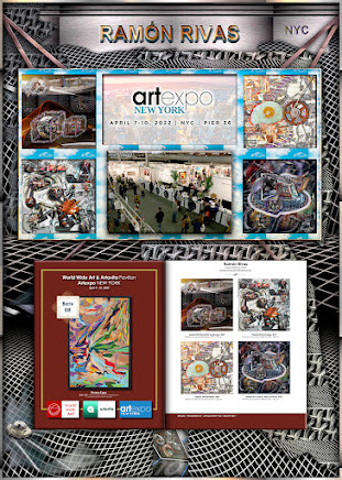 Composición con el Catálogo/Cartel anunciador de la Artexpo New York 2022, Junto a las cuatro obras de Ramón Rivas