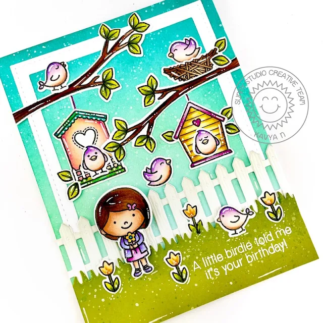 Sunny Studio Stamps: Picket Fence Border Dies A Bird's Life Spring Showers Birthday Card by Kavya