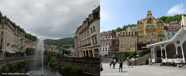 Karlovy Vary: vista del paseo / columna de la peste y uno de los edificios que albergan las fuentes (derecha)