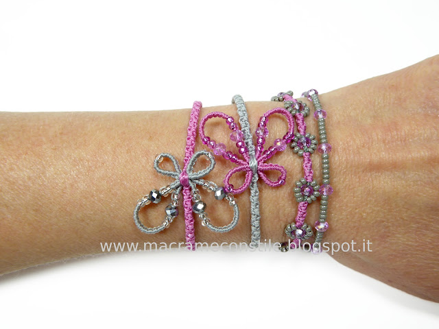 #MACRAME' farfalle rosa bracciali e perle