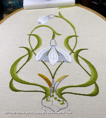 Basic snowdrop embroidery complete with addition of grey contour lines