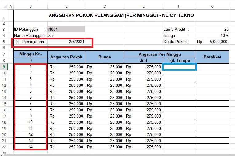 Rumus Excel Untuk Menghitung Tanggal Jatuh Tempo Kredit Barang (Per