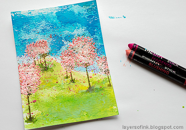 Layers of ink - Cherry Blossom Tree Tutorial by Anna-Karin Evaldsson. With Simon Says Stamp All Seasons Tree stamp set. Add splatters.