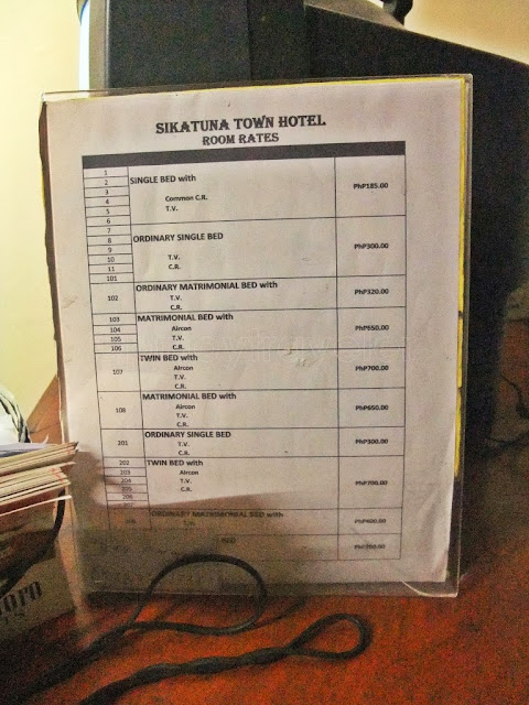 rate sheet of Sikatuna Town Hotel located at their frontdesk